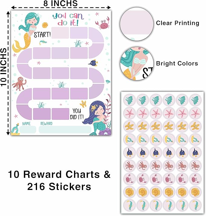 10 Mermaid Reward Chart with 216 Round Stickers, Incentive Behavior Chart for Kids at Home Classroom, Kids Routine Daily Chore Sticker Chart-A11
