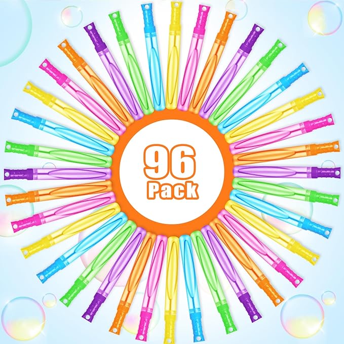 Bubble Wand, 96 Pcs Bubble Wands Bulk in 6 Colors, Bubble Party Favors for Kids, Summer Toys, Indoor Outdoor Activity, Themed Birthday, Wedding, for Girls & Boys