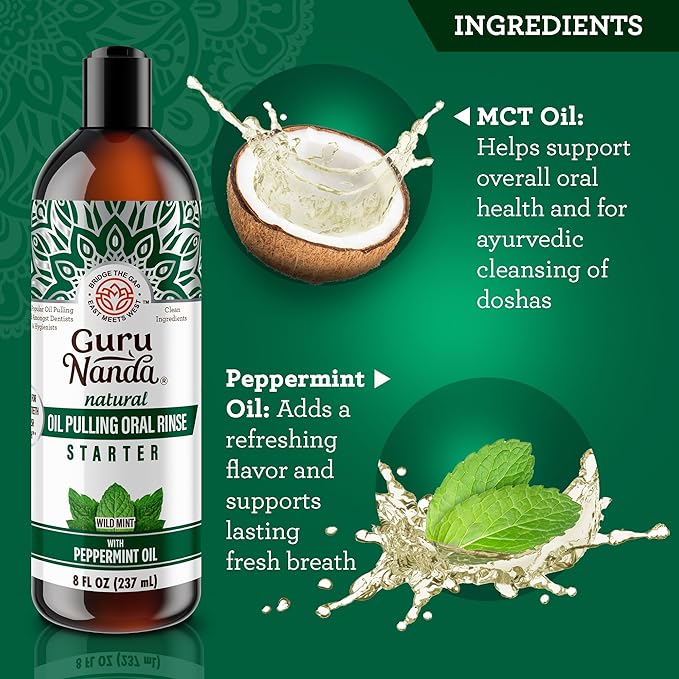GuruNanda Starter Pulling Oil Mouthwash for Natural Teeth Whitening, Coconut and Peppermint Oil for Fresh Breath & Happy Gums, with Toothbrush & Tongue Scraper, Alcohol-Free, 8 Oz