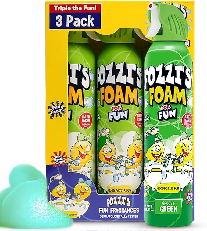 FOZZI’S Groovy Green Bath Foam Soap for Kids (3 Pack) - Fun Aerosol Spray - Squishy Bubble Soap for Playtime - Gentle Cleanser Foaming Body Wash - Safe Bath Fun for Everyday Wash