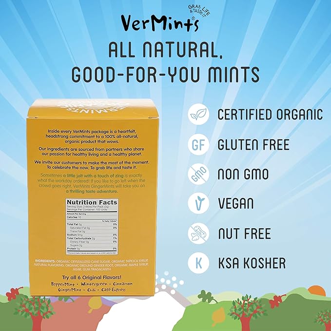 VerMints Organic Breath Mints GingerMints – Real Ginger Flavored Candies - Individually Wrapped Travel Size - Non-GMO, Nut Free, Gluten Free, Vegan, Kosher & Organic Candy Mints - 100 Packets