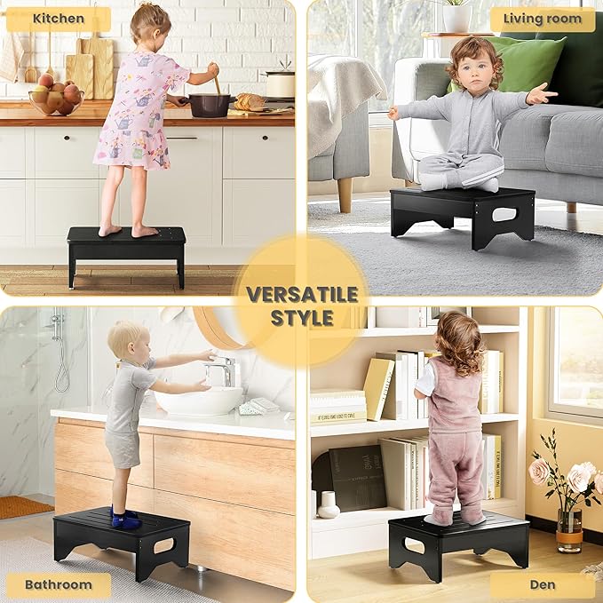 Wooden Step Stool for Adults & Kids, Non-Slip Rubber Feet, 6.5 Inch High, Lightweight Small Step, 400 Lbs Capacity, Bed Step Stool for High Bed, Bathroom & Kitchen, Black