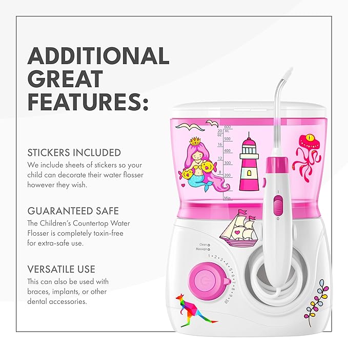 ToiletTree Products Children's Countertop Water Flosser - Dental Oral Irrigator for Kids - BPA-Free Dental Water Flosser with 600mL Capacity and Adjustable Water Pressure - Pink