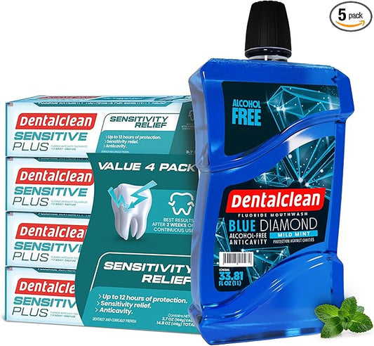 Pack of 4 Toothpaste Gel (Mild Mint) + Alcohol-Free Mouthwash 33.8 Fl Oz (Blue Diamond Mint) – Sensitivity Relief – 3.7 oz