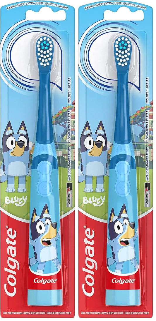 Colgate Kids Battery Powered Toothbrush With AA Battery, Extra Soft Bristles, Flat-Laying Handle to Prevent Rolling, Bluey, 2 Pack