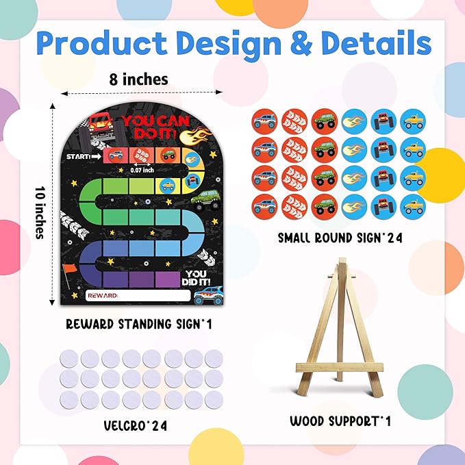 Race Car Reward Chart, Behavior Chart for Kids at Home, Wooden Incentive Chart Signboard with 24 Tokens, Truck Themed Sticker Charts Classroom Essentials -07