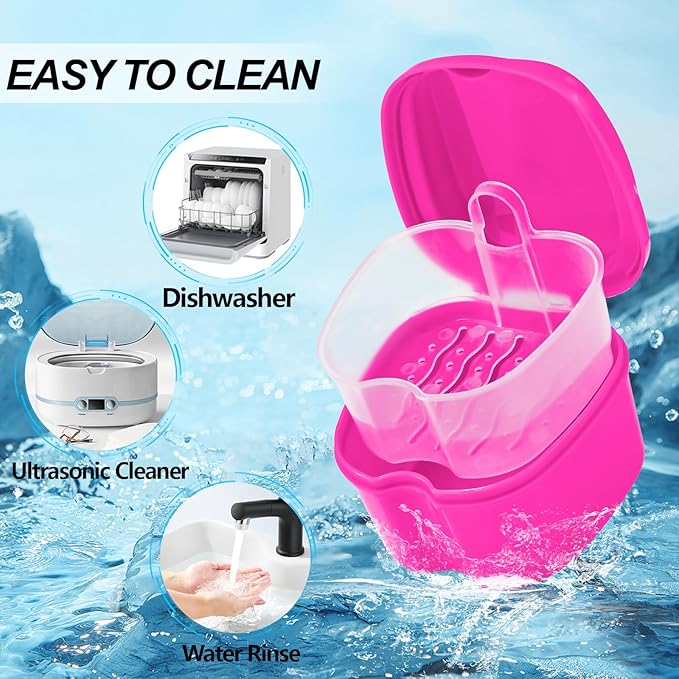 2 Pack Colors Denture Bath Case Cup Retainer Cleaner Holder Case False Teeth Soaking Container Dental Bath Storage Box Case with Strainer Basket and Brush - Rose Red & Black