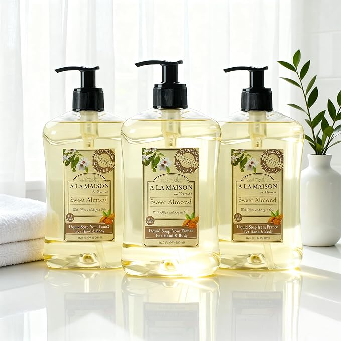 A LA MAISON French Liquid Hand Soap, Almond - Natural Hand Wash Made with Essential Oils - Biodegradable, Plant-Based, Vegan, Cruelty-Free, Alcohol & Paraben Free (16.9 oz, 3 Pack)