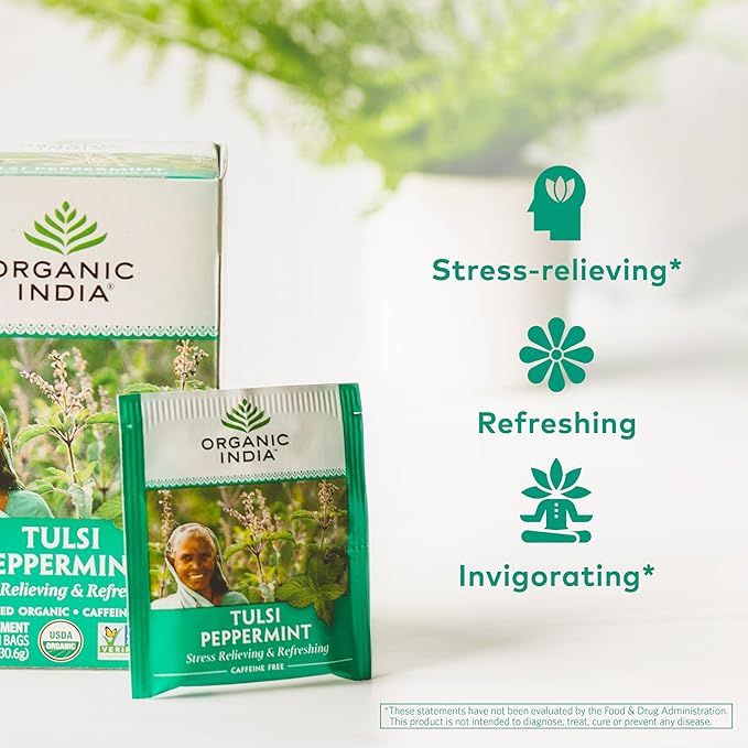 ORGANIC INDIA Tulsi Peppermint Tea - Caffeine Free Herbal Mint Tea - Stress Relieving Holy Basil, Immune & Digestion Support, Vegan, USDA Certified Organic, Fairtrade - 18 Infusion Bags, 3 Pack
