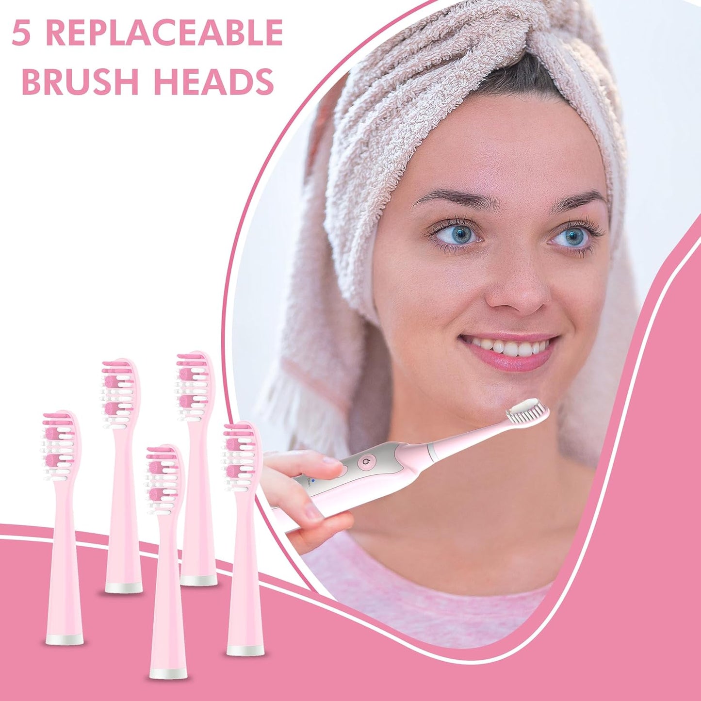 Sonic Electric Toothbrush for Adults with 5 Toothbrush Replacement Heads, 3 Brushing Modes & 2 Minutes Built-in Timer, Travel Toothbrushes with Inductive Charging, Rechargeable toothbrush | Pink