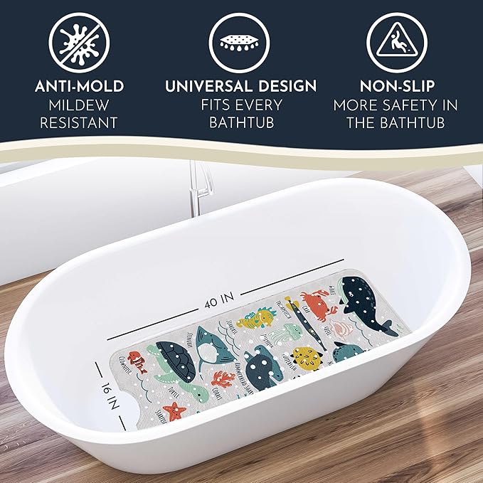 Bath Tub Mat Non Slip Anti Mold for Kids BPA Free INCL Hooks - homerella® Ocean Sea Animals 40x16, Baby Bath Mat Non Slip 200 Suction Cups, Non Toxic Machine Washable Toddler Bath Mat, EU Certified