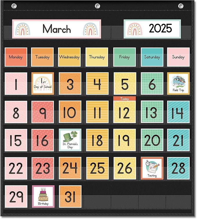 Eamay Rainbow Colorful Calendar Pocket Chart for Kids,Preschool Kindergarten Classroom Elementary Must Haves,Classroom Decorations Decor,Homeschool Teacher Supplies,Back to School Supplies