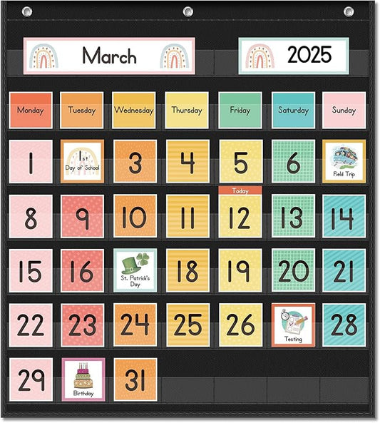 Eamay Rainbow Colorful Calendar Pocket Chart for Kids,Preschool Kindergarten Classroom Elementary Must Haves,Classroom Decorations Decor,Homeschool Teacher Supplies,Back to School Supplies