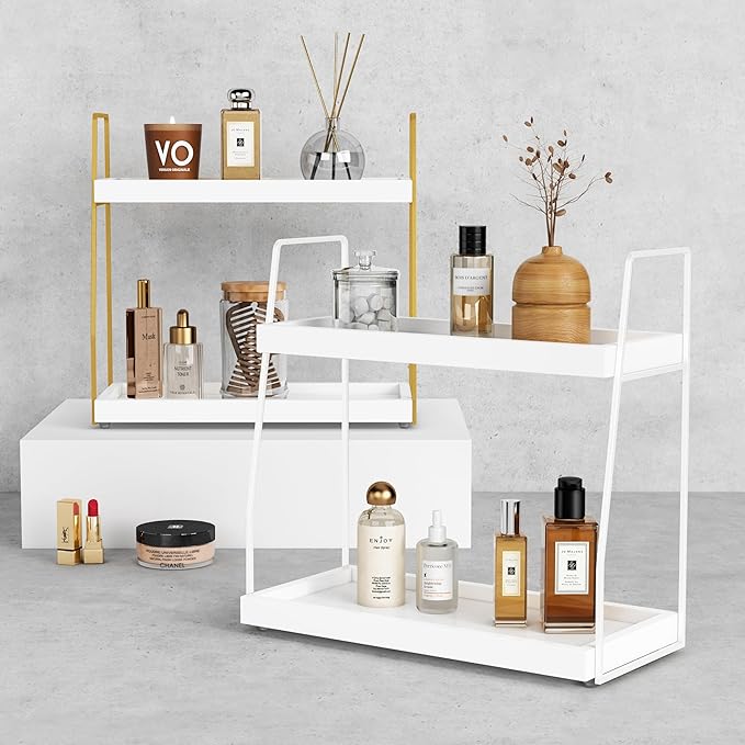 Forbena White 2 Tier Bathroom Organizer Countertop, Small Counter Top Organizer for Bathroom Decor, Modern Kitchen Counter Shelf for Snack, Vanity Makeup Organizers and Storage Tray for Bedroom