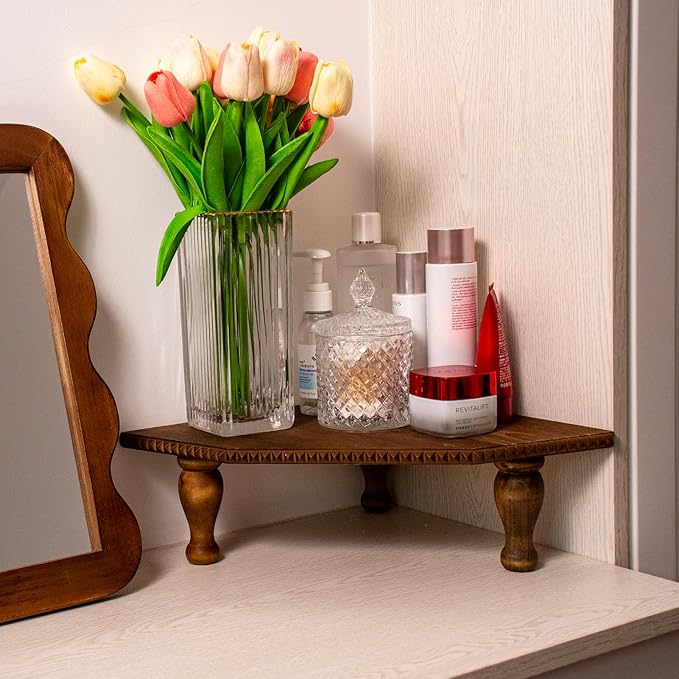 Wood Corner Counter Shelf Framehouse Decorative Tray Stand for Kitchen Bathroom Riser Organizer Coffee Bar Display Shelf with Detachable Legs (Lightbrown)