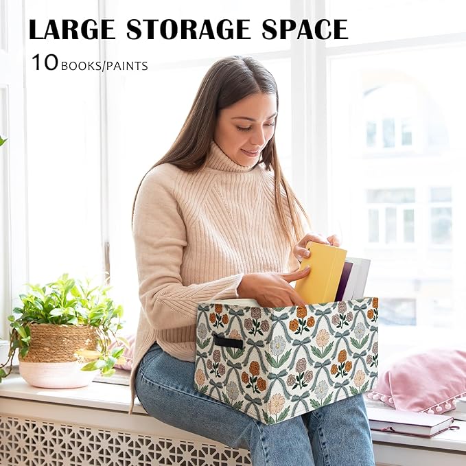 Coquette Blue Bow Floral Rectangular Storage Basket Organizer Bin Box with Handles,Girls Room Decorative Storage Baskets Toybox for Girls Room Dorm Bedroom Bathroom Clothes Toys Books