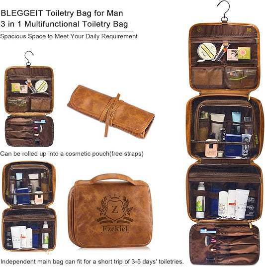 Bleggeit 3-in-1 Large Personalized PU Leather Toiletry Bag For Men, Custom Groomsmen Gifts Hanging Travel Organizer Bag, Laser Engraved Name Monogram Shaving Kit Gift For Him Husband Father Dad Dop