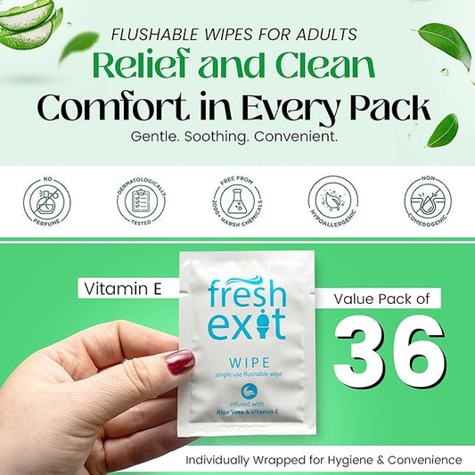 Flushable Wipes for Adults – 36 Individually Wrapped Biodegradable Wet Wipes, Travel Size, Extra-Large Unscented, hypoallergenic – Feminine Hygiene & Personal Care Wipes