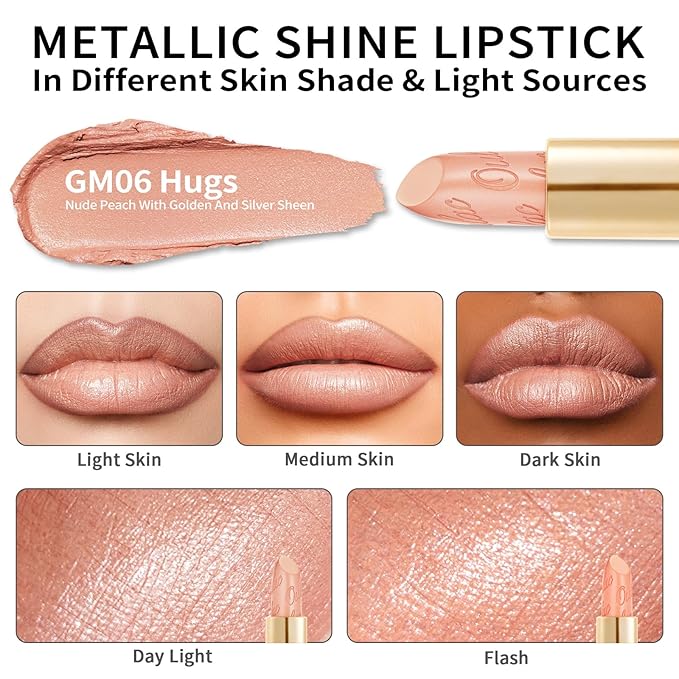 Oulac Matte Nude Peach Lipstick with Glow Metallic Finish - Vegan Lipstick for Women, Creamy Texture, Hydrating Clean Beauty Formula, High-End Magnetic Hook Design, GM06 Hugs