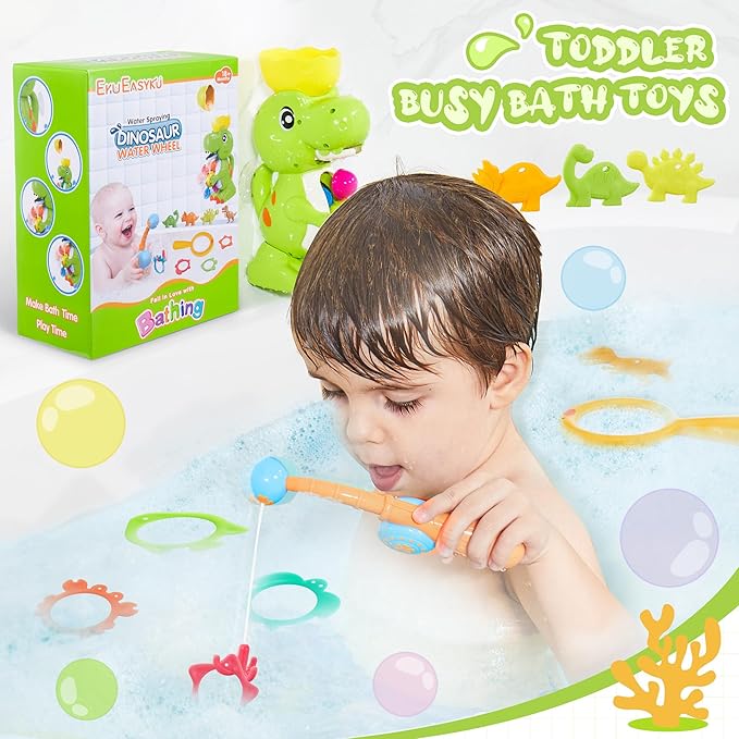 EKU Dinosaur Bath Toys for Kids Toddler Age 18months+ Mold Free Water Wheels and Fishing Games Bathtub Tub Bath Time Play Girls Boys Color Sound Movement Interactive