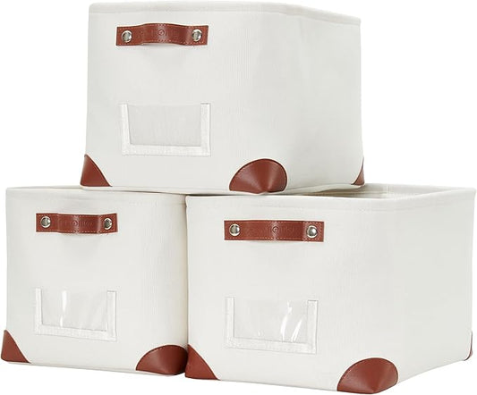 DECOMOMO White Storage Bins Fabric Storage Baskets for Shelves & Linen Closet Organization (Creamy White W/ Label holder, Large - 3 Pack)