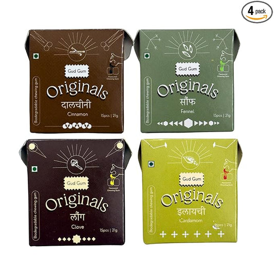 Gud Gum- Natural, Plastic Free Chewing Gum- Clove, Cardamom, Fennel, Cinnamon- 21g x 4 - Mini Pack of 4- No added artificial colours, flavours & sweeteners (Pack of 4, Assorted)