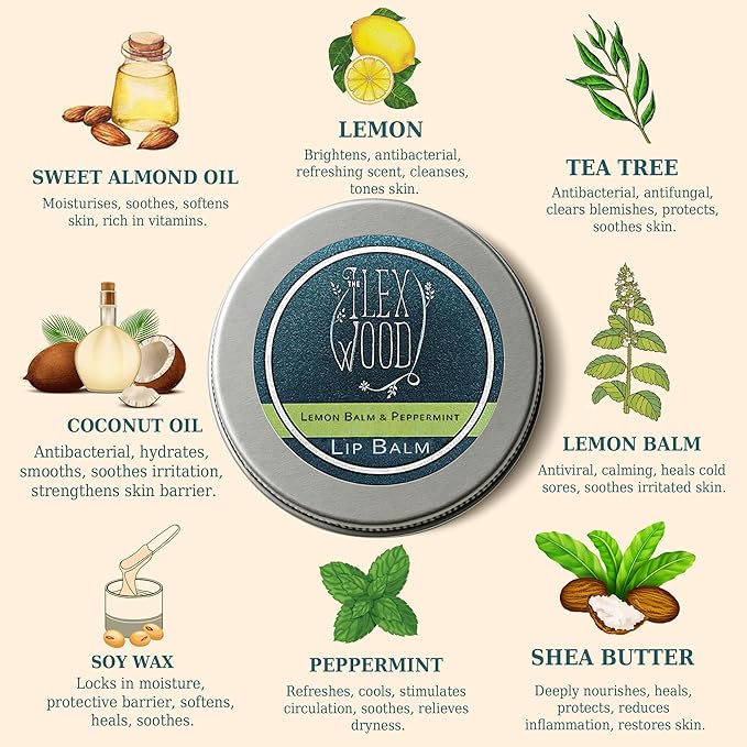 The Ilex Wood - Vegan All Natural Lip Balm - Lemon Balm and Peppermint - Cold Sore Treatment for Lips, Palm Oil Free, Cruelty Free, Plastic Free, Moisturising Lip Balm, Handcrafted - 10ml (0.34 fl oz)