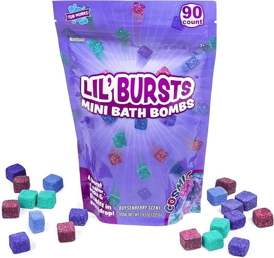 Tub Works Lil' Bursts Mini Bath Bombs for Kids, 90 Count, Cosmic | Nontoxic | Tiny With A Burst of Color, Foam & Bubbles | Customize With Fun Colors | Create Bath Art