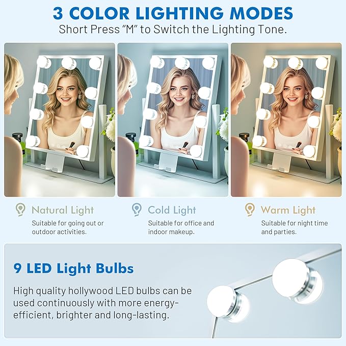 Kottova Lighted Makeup Mirror, Hollywood Vanity Mirror with Lights, Three Color Modes, with Detachable 10x Zoom Mirror, Smart Touch Control, Metal Frame, 360° Rotation（14.1in,White）