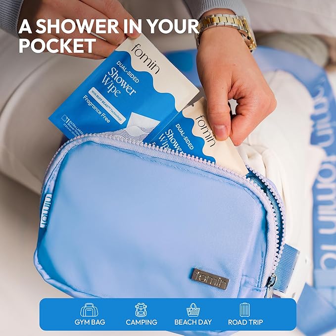 FOMIN Travel Shower Wipes - 10 Pack - No Rinse XL Bathing Wipes with Vitamin E - Fragrance-Free Full Body Wipe for Adults - Individually Wrapped Waterless Bath Wipe for Hygiene, Camping, & Gym