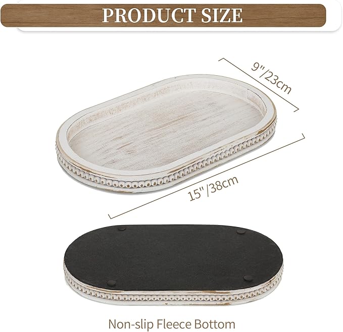 Hanobe Decorative Trays for Coffee Table : White Oval Centerpiece Tray Wood for Farmhouse Entry Table Decor Round Bathroom Tray for Living Room Kitchen Counter