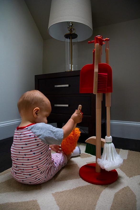 JustForKids Wooden Detachable Kids Cleaning Set - Duster, Brush, Mop, Broom and Hanging Stand Play - Housekeeping Kit - STEM Toys for Toddlers Girls & Boys, Total 6 Pieces,Multi Color,10071