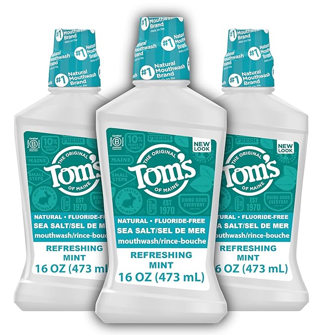 Tom's of Maine Sea Salt Natural Alcohol-Free Mouthwash, Refreshing Mint, 16 Fl Oz (Pack of 3)