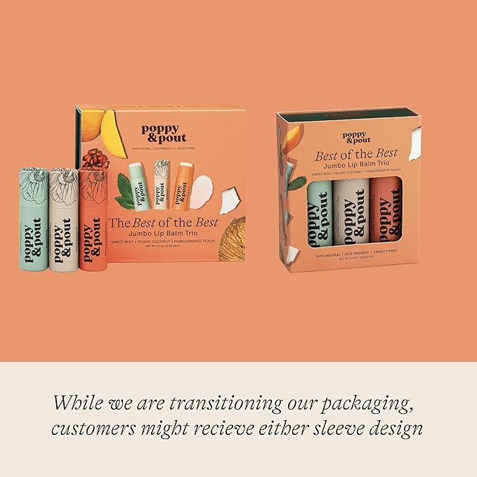 Jumbo Lip Balm Gift Set (3-Pack, Top Flavors) | Poppy & Pout All Natural Lip Balms & Moisturizers | Hydrates with Beeswax, Vitamin E, Organic Coconut Oil | Cruelty-Free | Recyclable Cardboard Tube