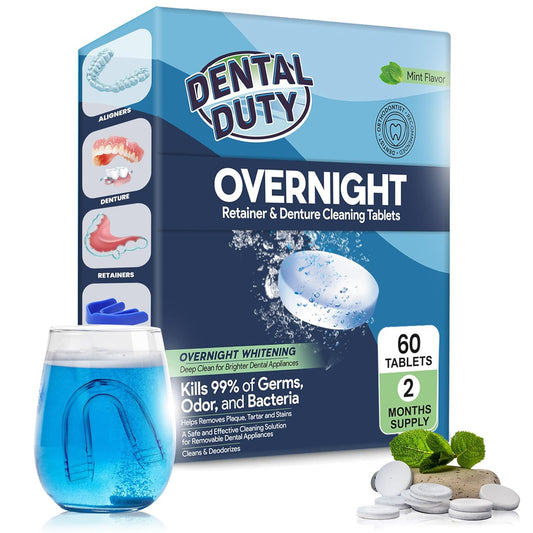 60 units Overnight Retainer & Denture Cleaning Tablets- Extra Strength, Best Cleaner Removes Bad Odor, Plaque, Stains from Retainers, Night Guards, Mouth Guard, & Dental Appliances.