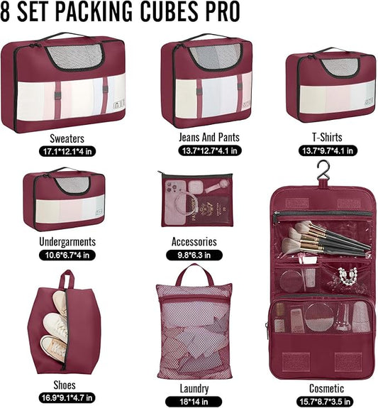 Veken 8 Set Packing Cubes for Travel Essentials, Christmas Gifts, Suitcase Organizer Bags in 4 Sizes, Carry-On Luggage Accessories with Large Laundry & Hanging Toiletry Bag, Must-Have for Airplane