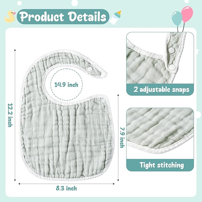 Zainpe 6Pcs Snap Muslin Cotton Baby Bibs White Grey Infants Drooling Bib Soft & Absorbent Adjustable Unisex Burp Cloths Feeding Cloth for Toddlers Girls Boys Newborns Eating Teething 0 to 24 Months