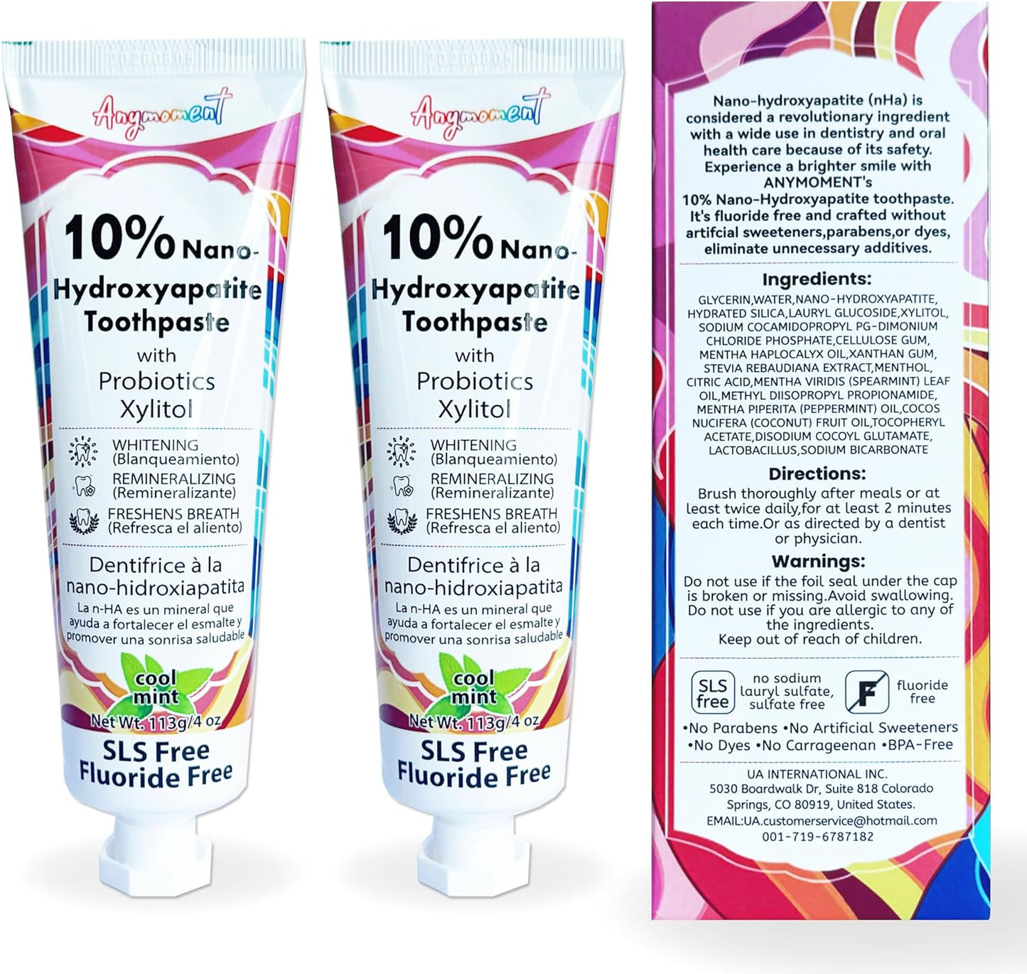 Anymoment 10% Nano Hydroxyapatite Toothpaste (Fluoride Free), Whitening*, Supports Enamel Care*, Appropriate for Sensitive Teeth*, SLS Free, Xylitol nHA Toothpaste for Adults, Mint 4oz (Pack of 2)