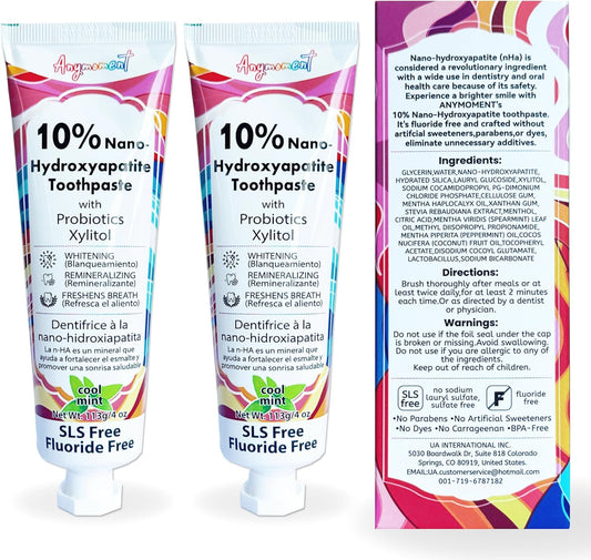 Anymoment 10% Nano Hydroxyapatite Toothpaste (Fluoride Free), Whitening*, Supports Enamel Care*, Appropriate for Sensitive Teeth*, SLS Free, Xylitol nHA Toothpaste for Adults, Mint 4oz (Pack of 2)