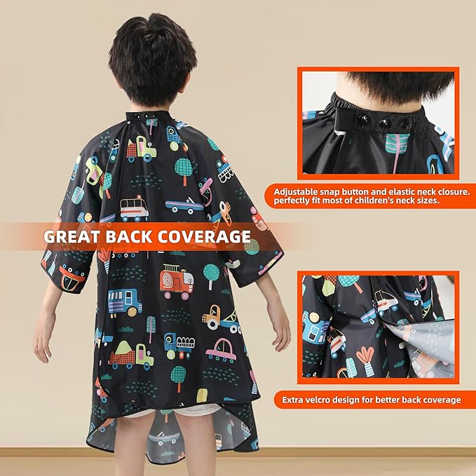 PERFEHAIR Kids Haircut Cape with Sleeves - Cute Cars Printing, Adjustable Neck Collar, Comfortable Barber Cape for Boys & Girls, Ideal for Home or Salon Use, Professional Hair Cutting Apron