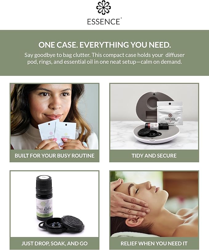 Essence Pearl Travel Case - Wearable Aromatherapy Kit with Nasal Diffuser Rings, Soaking Bay, and 5mL Essential Oil – Portable Wellness Gift Set for On-The-Go Self Care