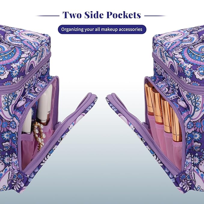 Large Makeup Bag, Portable Travel Makeup Bag Organizer for Women Girls with Makeup Brush Compartment & Two Side Pockets, Cosmetic Travel Bag Vertical Storage Toiletry - Purple