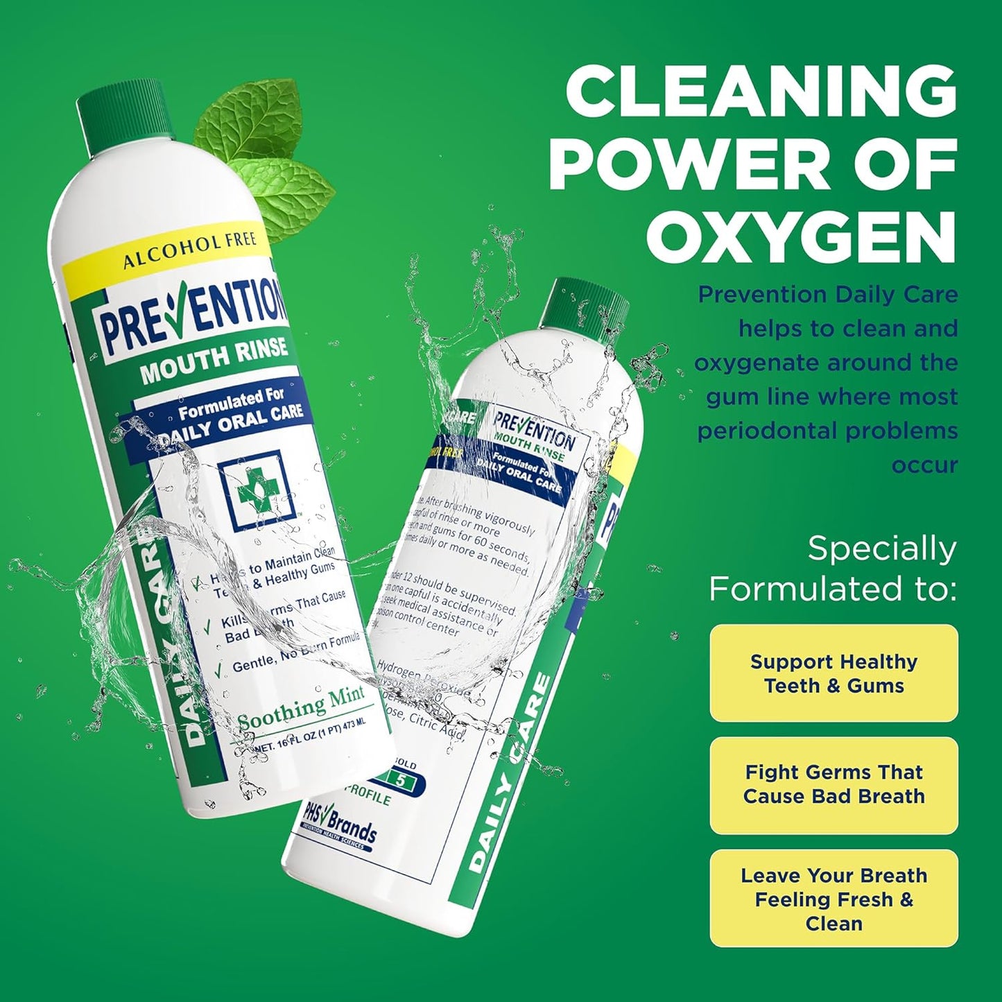 Prevention Daily Care Alcohol-Free Mouthwash, Hydrogen Peroxide Teeth Whitening with Soothing Fresh Mint for Bad Breath Treatment, Fluoride-Free Gum Care Oral Mouth Rince 16 oz 12 Pack