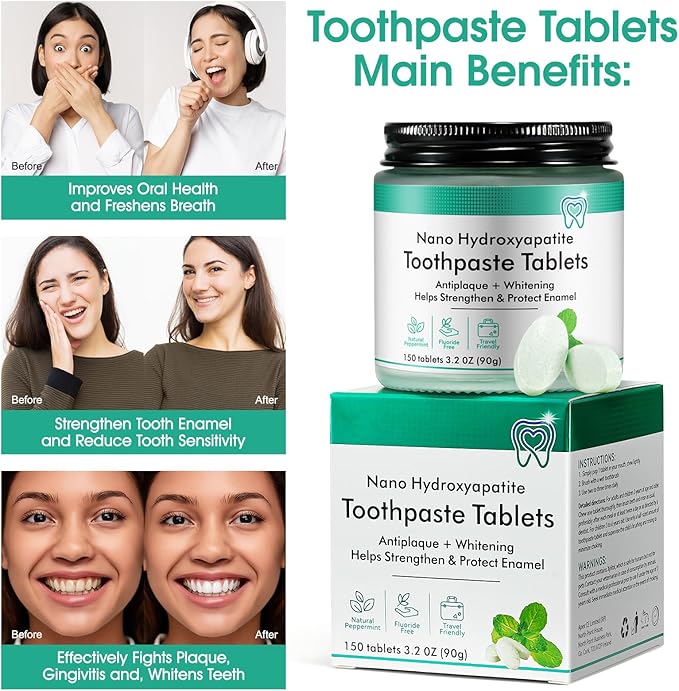 Toothpaste Tablets, Natural Peppermint Hydroxyapatite Toothpaste Tabs, Fluoride Free, Travel Friendly, 150 Tablets Mouthwash Chewable for Teeth