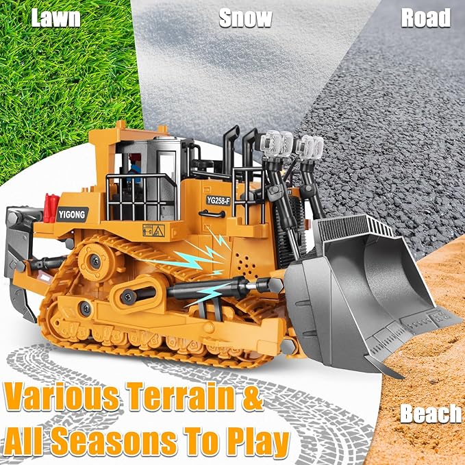 Remote Controlled Bulldozer, 9-Channel Metal RC Construction Vehicle Toy with Lights, Sound, and Rechargeable Battery, Remote Controlled Bulldozer Toy Gift for Kids Boys Girls Aged 4-12 (2.4 GHz)