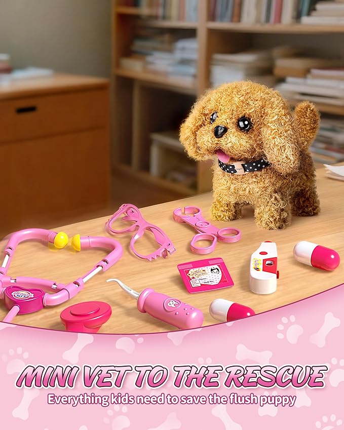 2 Plush Pets Cat & Dog, 36-Piece Vet Doctor Kit for Kids - Toddler Veterinarian Playset with Costume, Doctor and Dental Tools - Educational Pretend Play Toy Gift for Boys & Girls