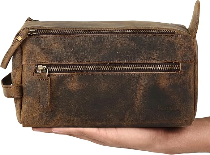 KomalC Premium Buffalo Leather Toiletry Bag for Men & Women – Leather Dopp Kit With Water resistant Lining, Premium Toiletry Travel Pouch, Unisex Wash Bag for Toiletries, Gifts for Men and Women