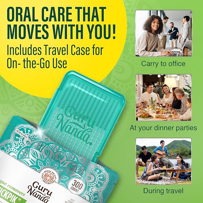 GuruNanda 2-in-1 QuickPik Toothpick & Interdental Pick – Soft Rubber Bristles for Plaque Removal & Improved Oral Care, Comes with a Travel Case for On-The-Go Use, 300 Ct