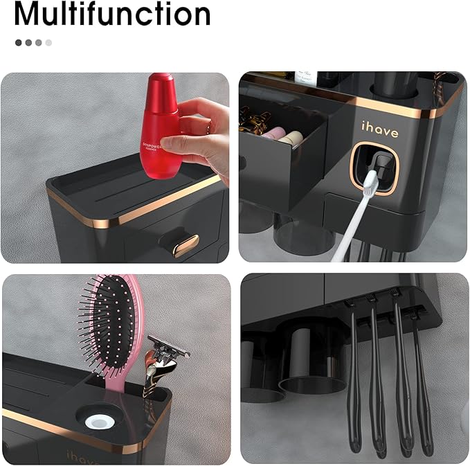 iHave Toothbrush Holders for Bathrooms - Upgrade Wall Mounted Toothbrush Holder with Toothpaste Dispenser - 2 Cups, Large Capacity Tray, Cosmetic Drawer - Bathroom Decor & Bathroom Accessories