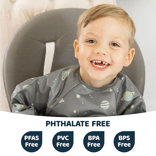 Tiny Twinkle Long Sleeve Bib for Babies & Toddlers – Waterproof Smock Bib for Eating – Machine Washable & Mess-Proof, Baby Feeding Essential & Shower Must-Have(Space, 6–24M)